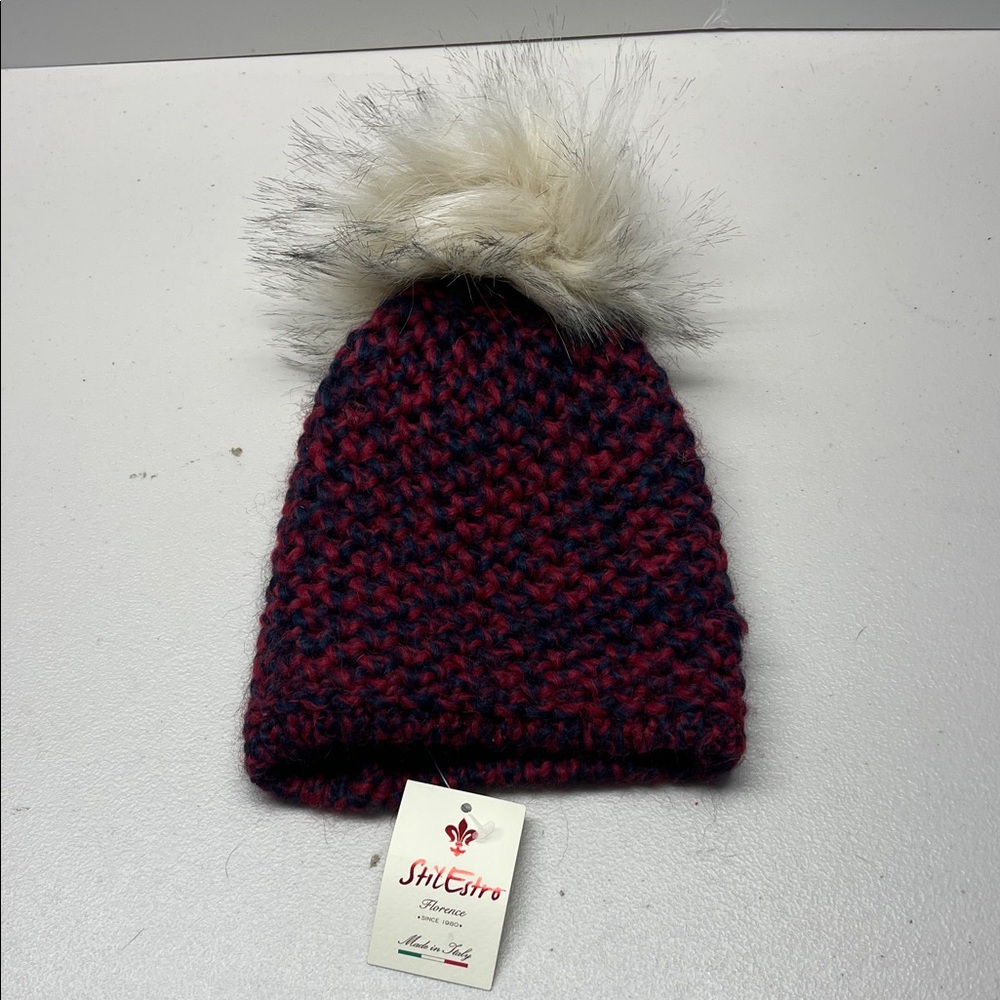 Stilestro Beanie Woman One Size Maroon Knit Winter Hat Fur Pom Pom Made in Italy